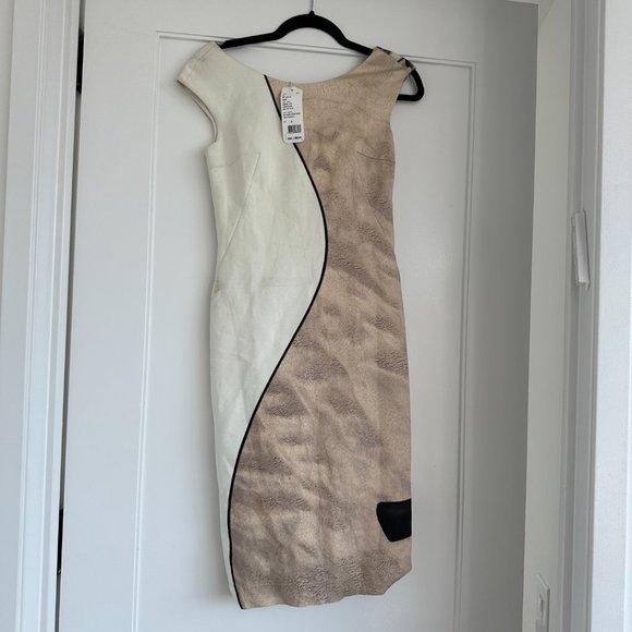 Akris Punto Sleeveless Sheath Mini Dress SZ 4 Beige White Cap Sleeves Scoop Back - Picture 6 of 10